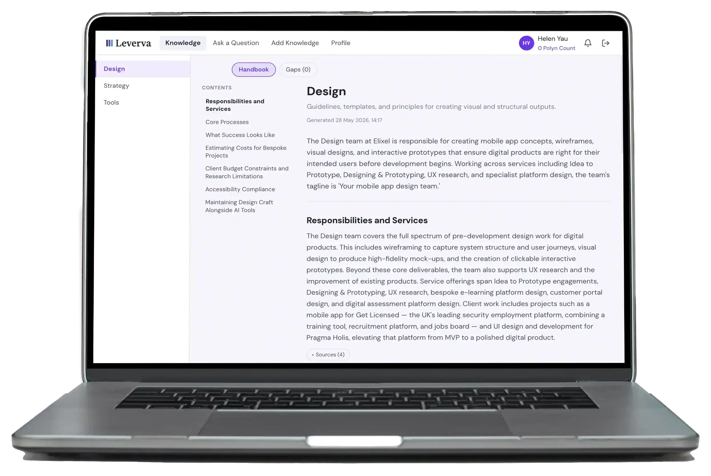 The Leverva app showing a team knowledge base with verified answers